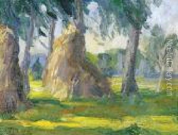 Haystacks In Landscape Oil Painting - Lucien Pissarro