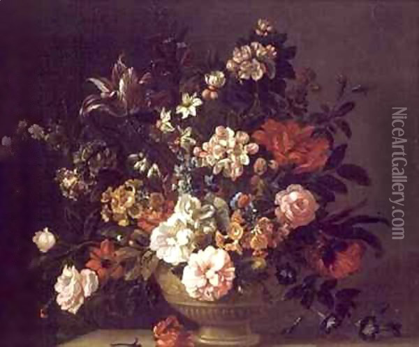 Roses, Tulips and other Flowers in an Urn on a Ledge Oil Painting - Giovanni Boggi