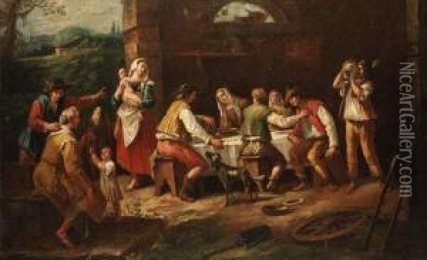 Peasants Eating In A Farmyard Oil Painting - Antonio Diziani