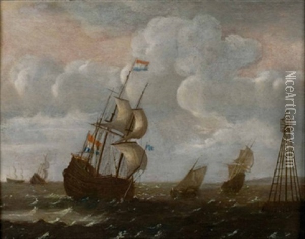 Hollandisches Seestuck Mit Dreimaster Und Weiteren Segelschiffen Oil Painting - Adam Silo