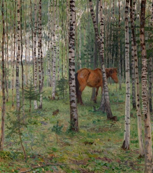 Horse In A Birch Grove Oil Painting - Nikolai Petrovich Bogdanov-Bel'sky