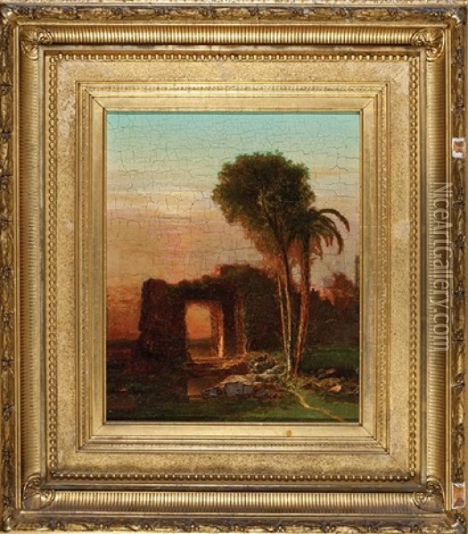 Ruins Of A Doorway At Dusk Oil Painting - George Curtis