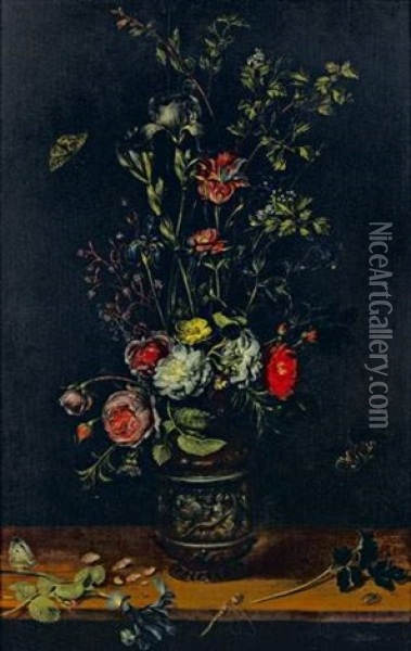 Nature Morte Au Vase De Fleurs Dans Un Vase Sculpte Animee De Papillons Et De Libellules Oil Painting - Alexander Adriaenssen the Elder