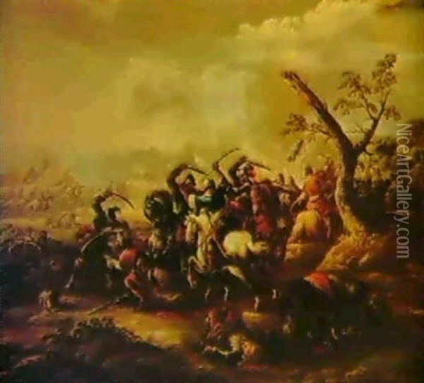 A Cavalry Battle Between Turks And Christians Oil Painting - Mathaeus Stomer the Younger