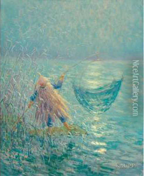 Im Schilf Stehender Asiatischer Fischer Im Schein Desmondes Sein Netz Einholend Oil Painting - Georges Dantu