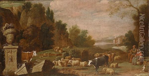 A Rocky Landscape With Drovers Watching Over Sheep And Cattle With Ruins Nearby Oil Painting - David The Younger Teniers
