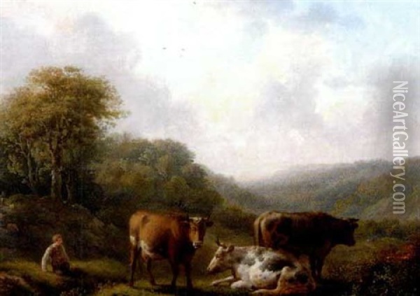 Landschaft Mit Hirten, Kuhen Und Schafen Oil Painting - Adolf Karel Maximilian Engel