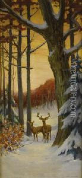 Deer In Awinter Forest Oil Painting - Stacy Tolman