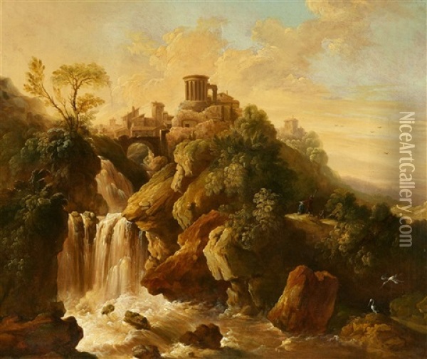The Waterfalls Of Tivoli With The Temple Of Vesta Oil Painting - Christian Wilhelm Ernst Dietrich