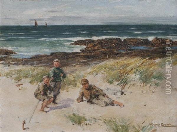 Boys On A Sea Shore Oil Painting - Michael Brown