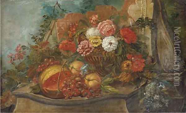 A melon, grapes on the vine, peaches and mixed flowers Oil Painting - Pieter Casteels III