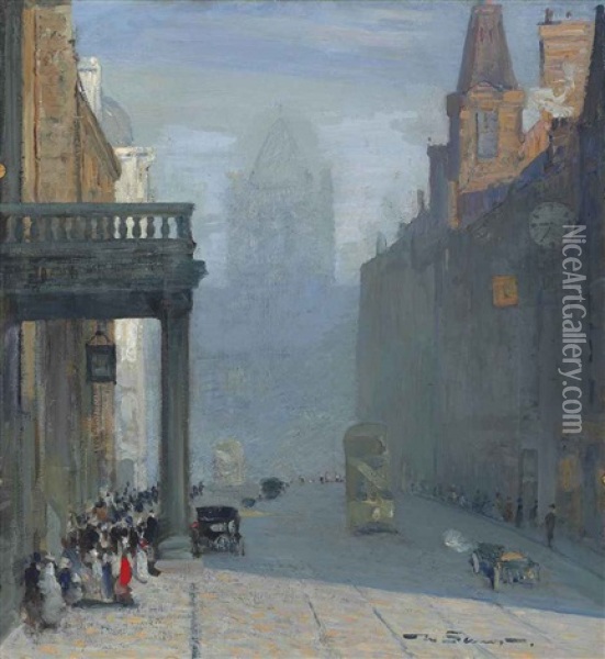 A View Up Park Row Towards St. Anne's Cathedral, Leeds Oil Painting - Mark Senior