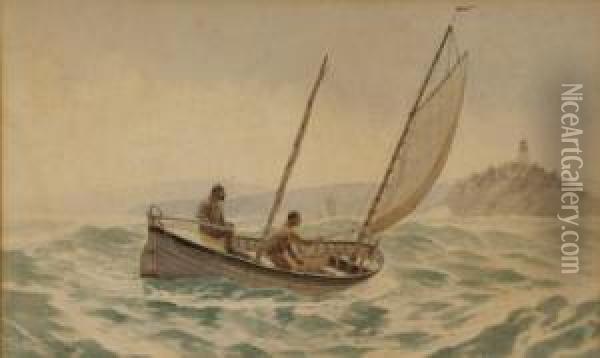 Sailboat Approaching A Lighthouse On Choppyseas Oil Painting - Frederick Schiller Cozzens