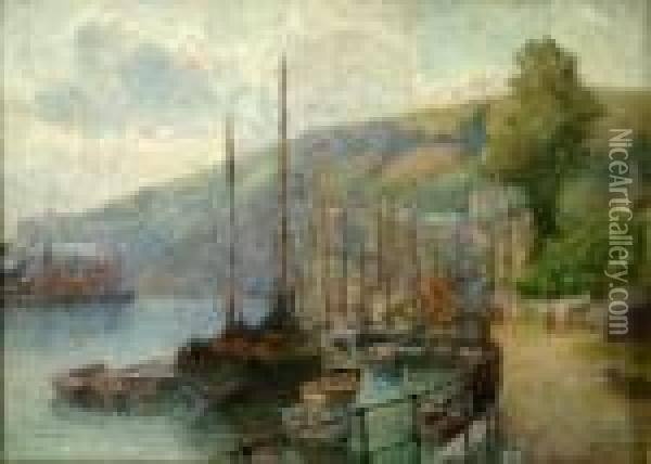 Fishing Boats Docked At A Harbour Oil Painting - Edgar Thomas Wood