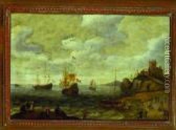 Figures On A Coast With Shipping And Fishing Off Shore Oil Painting - Abraham Willaerts