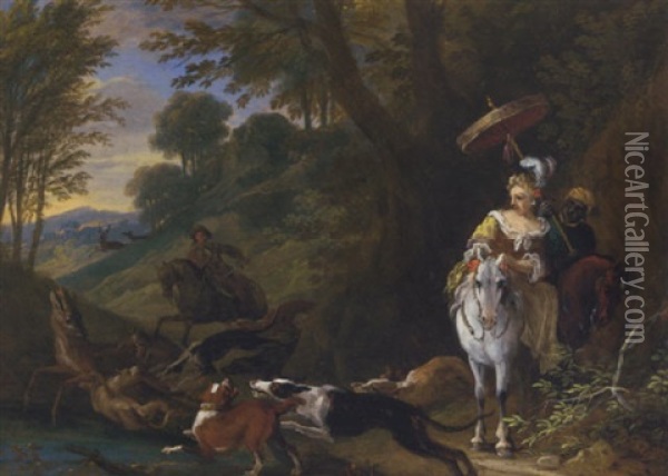 A Wooded Landscape With A Stag Hunt Interrupting An Elegant Lady And Her Servant Oil Painting - Adriaen de Gryef