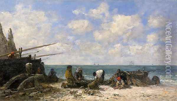 Etretat: Fishermen on the Beach Oil Painting - Eugene Boudin