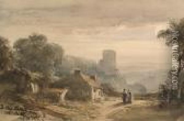 Figures Before A Cottage Looking Out To A Valley Beyond Oil Painting - William Leighton Leitch
