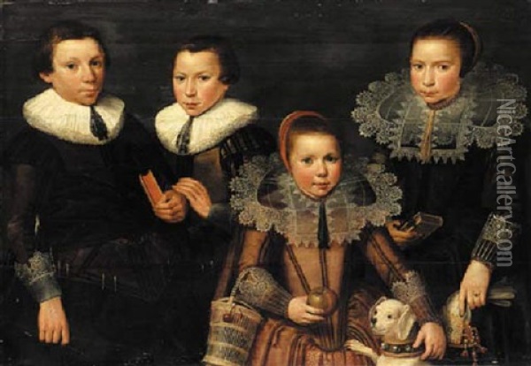 A Family Portrait Of Two Brothers And Two Sisters, The Boys In Brown Doublets And White Ruffs, The Girls In Embroidered Dresses And Lace Collars Oil Painting - Wybrand Simonsz de Geest the Elder