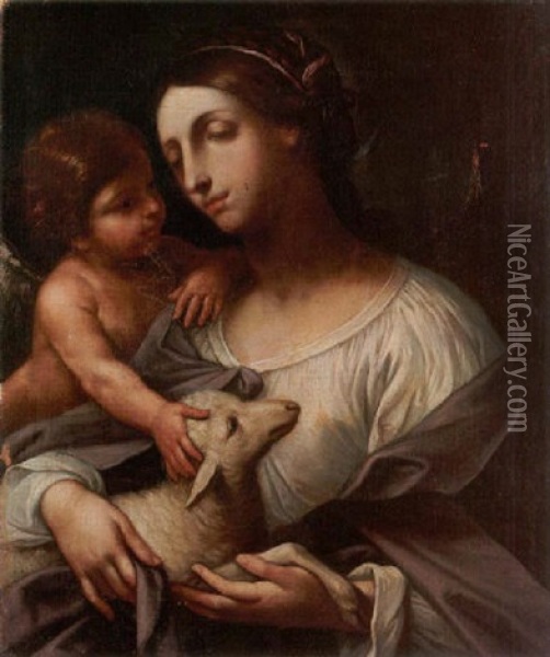 St. Agnes With An Angel Oil Painting - Elisabetta Sirani