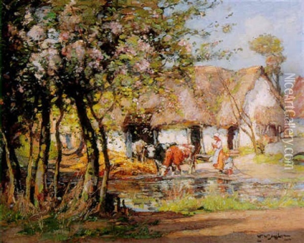 Cows And Figures Outside A Farmhouse Oil Painting - William Watt Milne