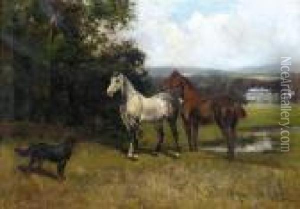 Colonel's Horses And Collie With Huntroyde Hall Beyond Oil Painting - John Emms