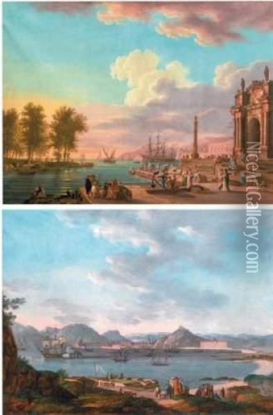 L'escadre En Rade Et Port Mediteraneen Oil Painting - Joseph De Landerset