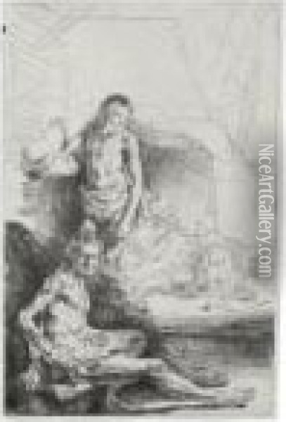 A Nude Man Seated And Another 
Standing With A Woman And A Baby Lightly Etched In The Background (b., 
Holl. 194; H. 222; Bb. 46-1) Oil Painting - Rembrandt Van Rijn