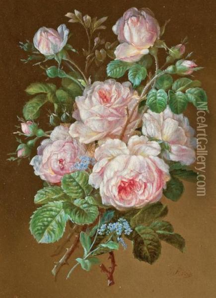 (2) A Pair 
Pink Roses 
Mixed Bouquet Oil Painting - Jean-Baptiste Robie