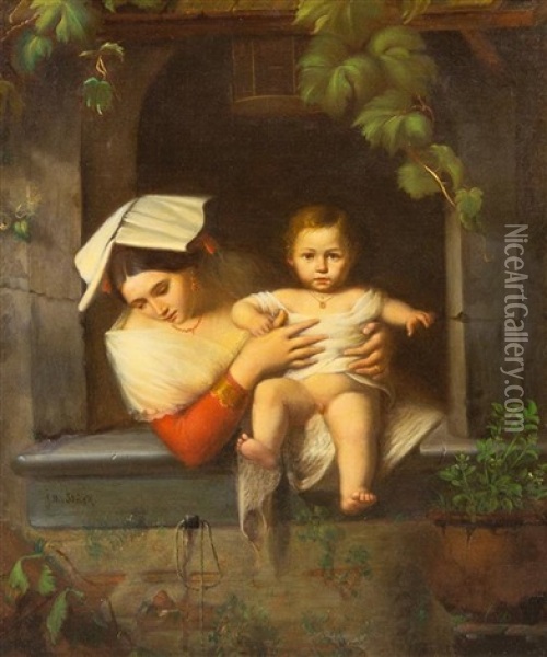 Mother And Child At A Window Oil Painting - Joseph Magnus Stack