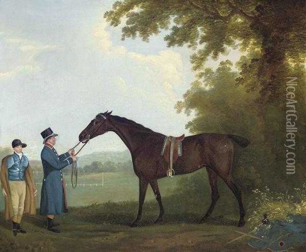A Racehorse, Jockey And Owner In An Extensive Landscape Oil Painting - Daniel Clowes