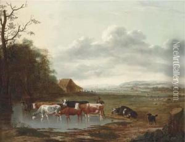 An Extensive Landscape With A Herdsman And Cattle Oil Painting - Anthonie Van Borssom