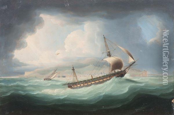 Veduta Di Citta Fortificata Dal Mare Con Velieri Armati Oil Painting - Thomas Buttersworth