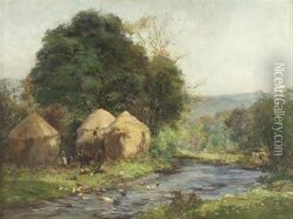 A River Landscape With Hay-ricks Oil Painting - Archibald Kay