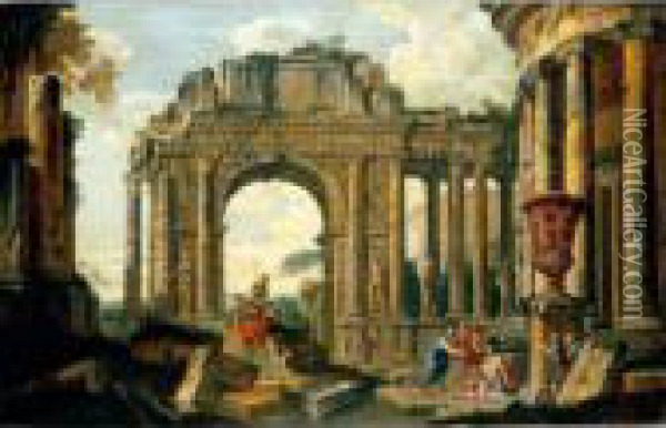 An Architectural Capriccio With Belisarius And Soldiers Among Ruins Oil Painting - Giovanni Niccolo Servandoni