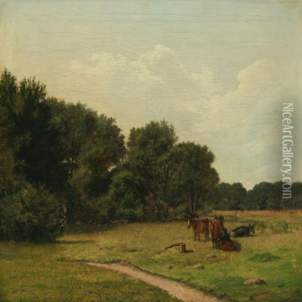 Landscape With Girl Oil Painting - Johannes Jensen