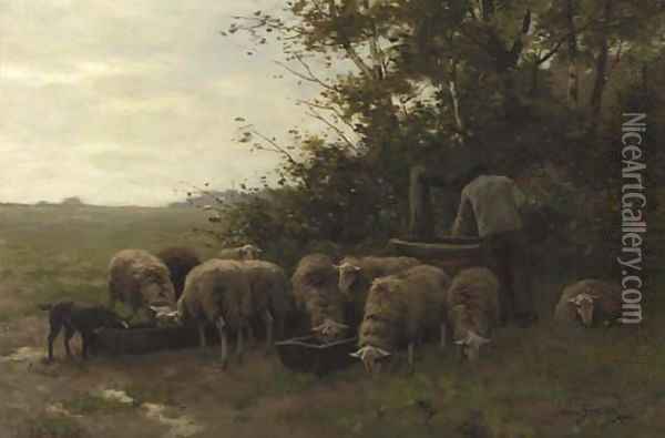 A shepherd and flock by a well on the heath Oil Painting - Willem II Steelink