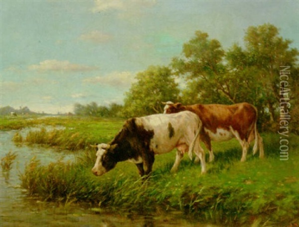 Cows In A Meadow Oil Painting - Adriaan Marinus Geyp