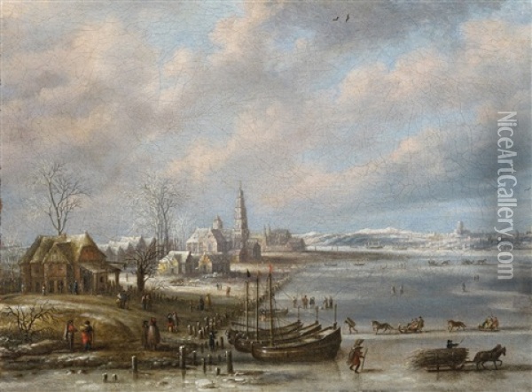 Winterlandscape With Frozen Sea Oil Painting - Daniel van Heil