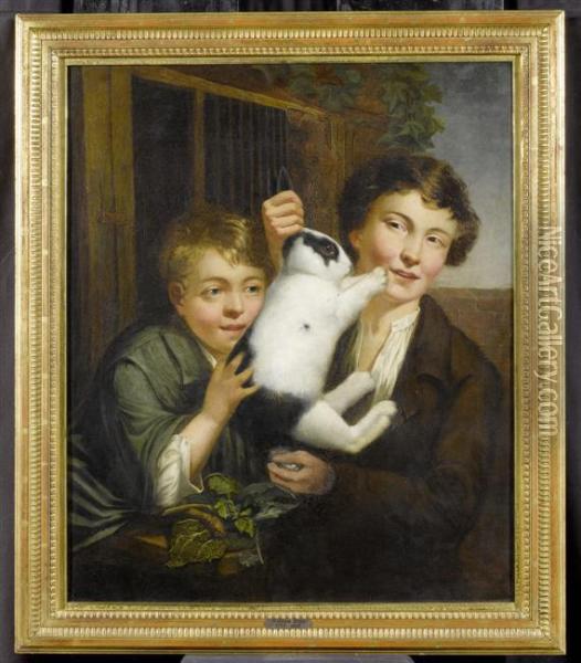 Two Boys Playing With A Rabbit Oil Painting - William Redmore Bigg
