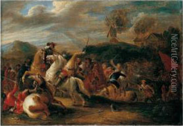 A Battle Scene Before A Burning Windmill Oil Painting - Lambert de Hondt