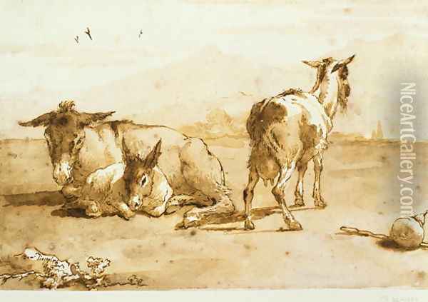 PD.32-1959 Two Donkeys and a Goat in a Landscape Oil Painting - Giovanni Domenico Tiepolo