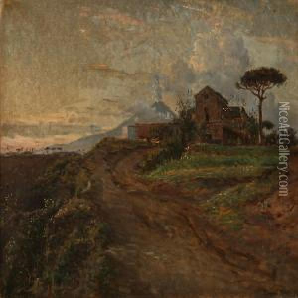 From The Unexcavated Part Of Pompei With Vesuvin The Background, Evening In April Oil Painting - Viggo Johansen