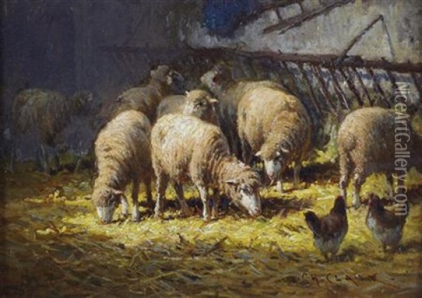 Sheep In A Manger Oil Painting - Charles H. Clair