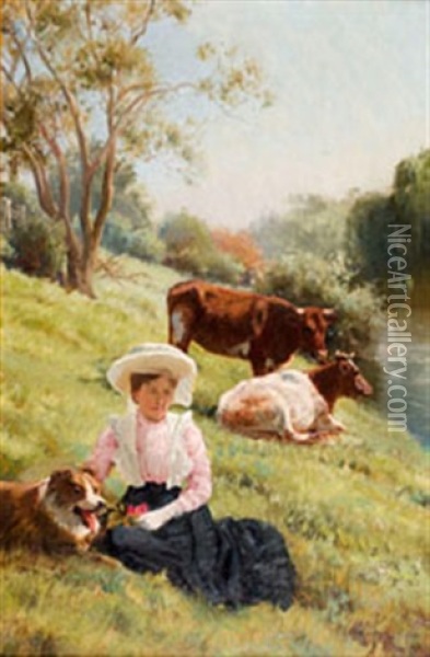 Girl With Dog And Cattle On Riverbank Oil Painting - Jan Hendrik Scheltema