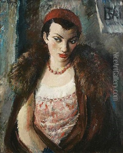 Femme A La Fourrure, Collier Et Beret Rouge Oil Painting - Vera Rockline