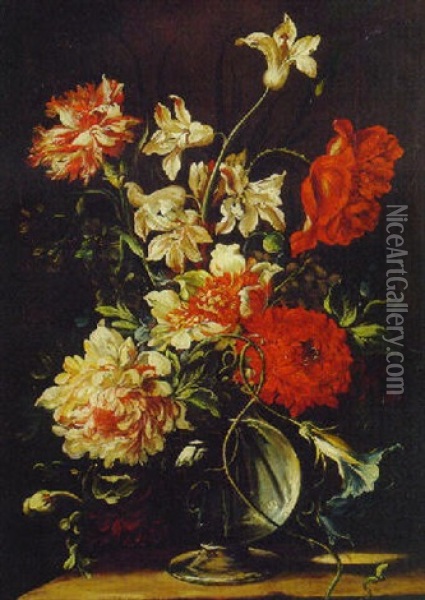 Morning Glory, Chrysanthemums, Amaryllis And Carnations In A Glass Vase On A Ledge Oil Painting - Nicolas Baudesson