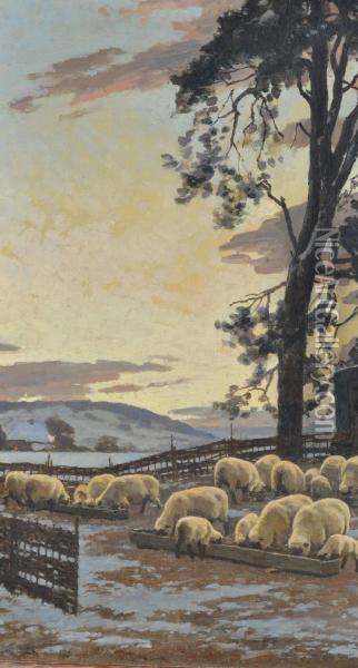 Sheep In A Pen At Sunset Oil Painting - William Gunning King