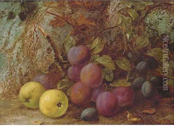 Plums, damsons and apples, on a mossy bank Oil Painting - Vincent Clare