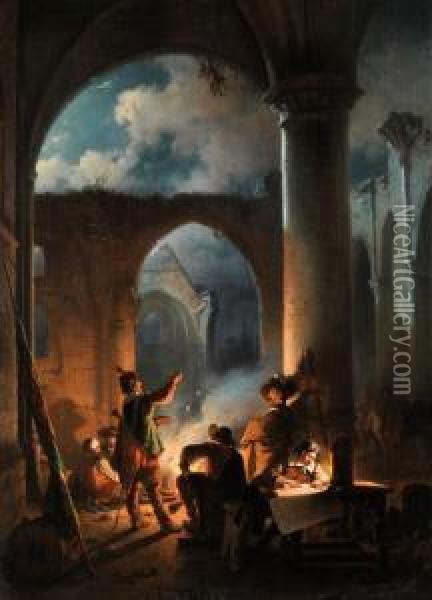 Landsknechte In Einer Ruine Beinachtlichem Feuer Oil Painting - Jan Michael Ruyten